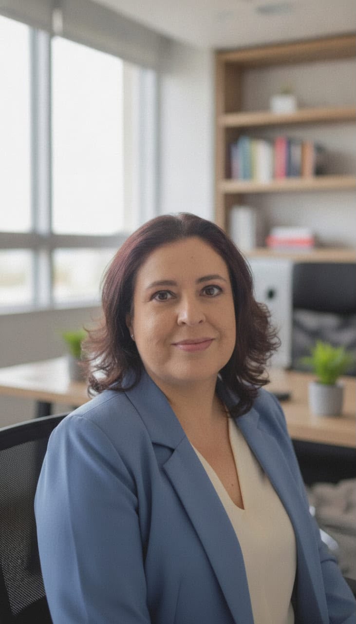 Luciana Cariel Barreto sentada em seu consultório, de blazer azul-claro